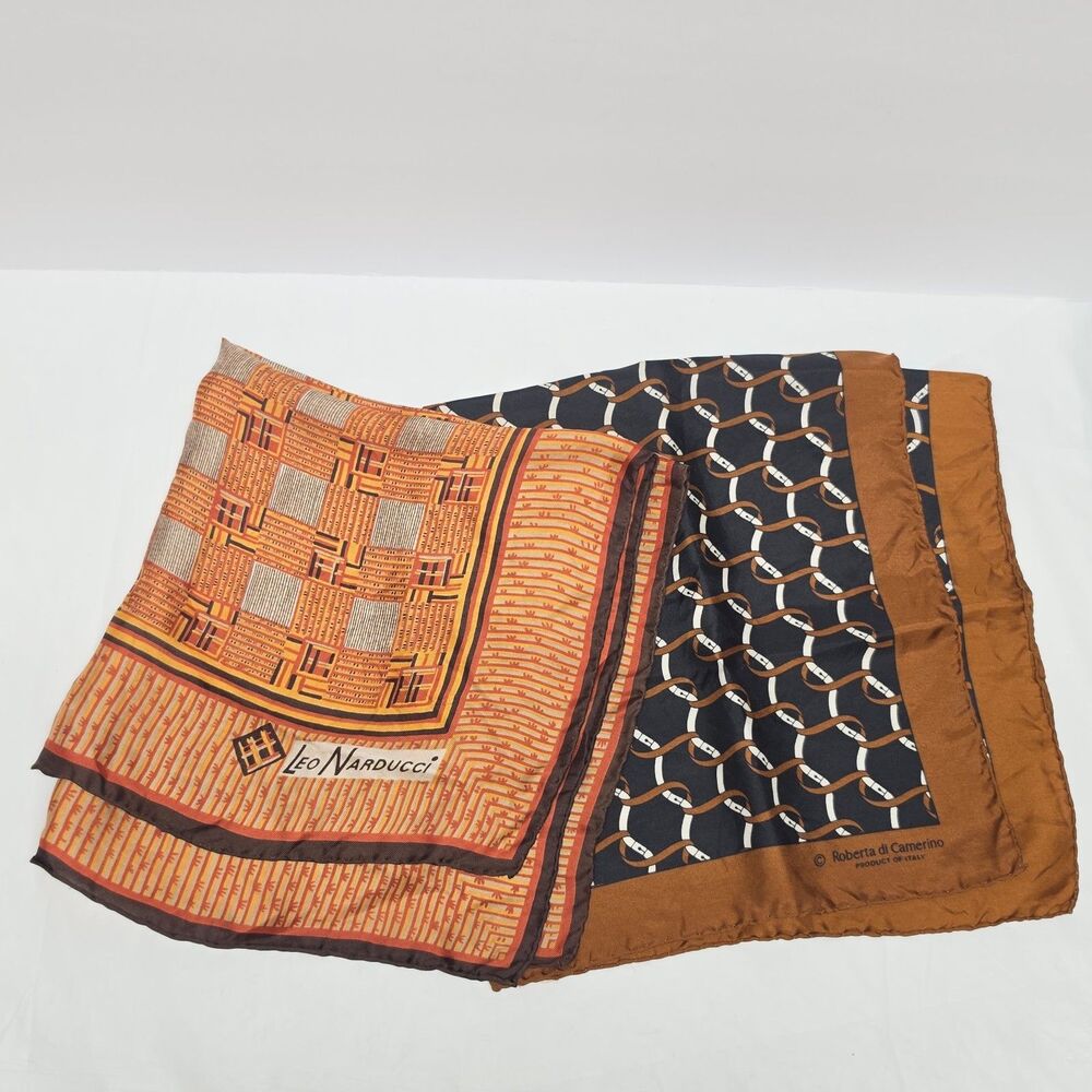 Vtg Leo Narducci And Roberta Di Camerino Silk Square Scarf Set Chains Geometric
